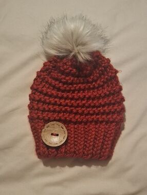 Handknit Red Winter Hat With Faux Fur Pompom
